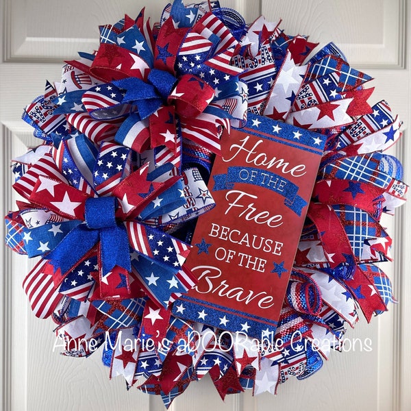 Patriotic wreath for front door, Military wreath, Fourth of July wreath, American flag wreath, Home of the free brave Veterans Day wreath