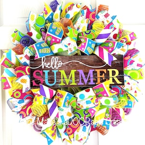 Hello summer colorful rainbow wreath, Popsicle rainbow wreath, hello summer wreath for front door, summer flip flops sunglasses wreath