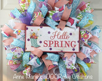 Hello spring wreath for front door, floral spring wreath, pastel spring wreath