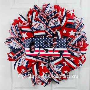 Patriotic Wreath for front door, USA flag wreath, July 4th wreath for front door, USA red white blue flag wreath, Fourth of July decor