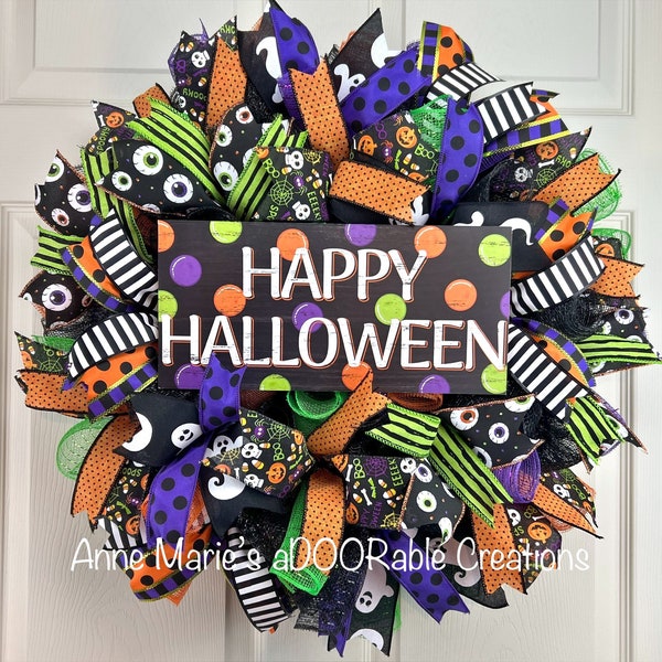 Happy Halloween wreath for front door, Halloween wreath, ghost polka dot Halloween wreath, Halloween decor, Halloween wreath