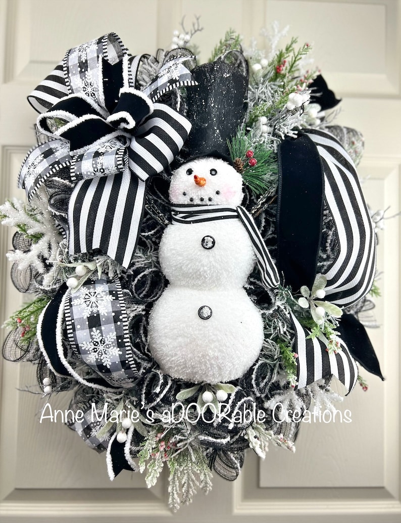 Black and White Snowman Wreath for Front Door, Flocked Snowman Wreath ...