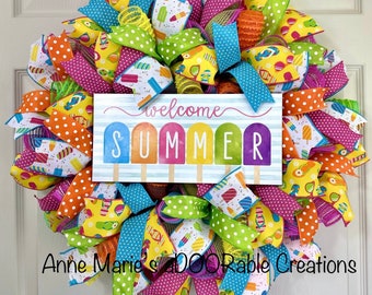 Welcome summer colorful rainbow wreath, Popsicle flip flop rainbow wreath, summer wreath for front door, summer flip flop wreath