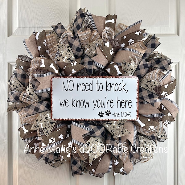 Dog wreath, No need to knock we know you’re here dog wreath, farmhouse dog wreath, animal dog bone paw wreath, Buffalo plaid dog wreath