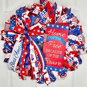 Patriotic wreath for front door, Military wreath, Fourth of July wreath, American flag wreath, Home of the free brave Veterans Day wreath