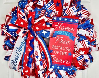 Patriotic wreath for front door, Military wreath, Fourth of July wreath, American flag wreath, Home of the free brave Veterans Day wreath