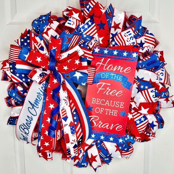 Patriotic wreath for front door, Military wreath, Fourth of July wreath, American flag wreath, Home of the free brave Veterans Day wreath