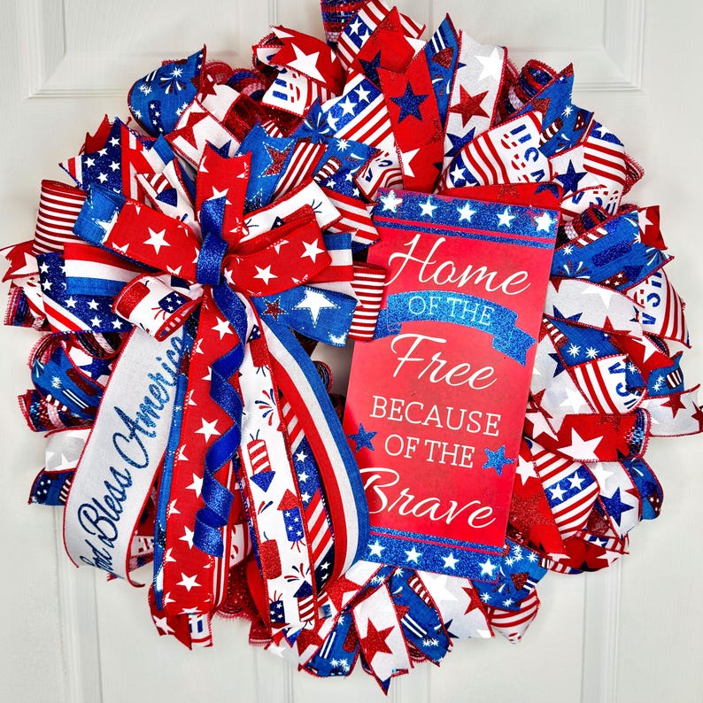 Patriotic wreath for front door, Military wreath, Fourth of July wreath, American flag wreath, Home of the free brave Veterans Day wreath image 1