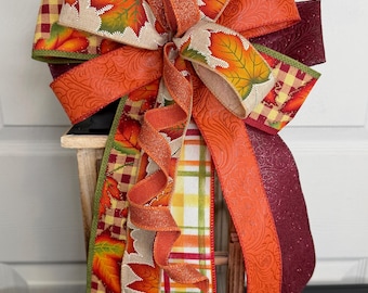 Fall pumpkin leaves lantern bow, Halloween lantern gift bow, Autumn wreath bow, fall harvest wreath bow, rustic farmhouse bow