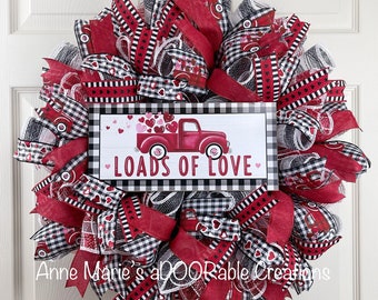 Valentines Day wreath, red truck Valentine’s Day wreath, Buffalo plaid wreath, heart wreath, Valentines wreath for front door