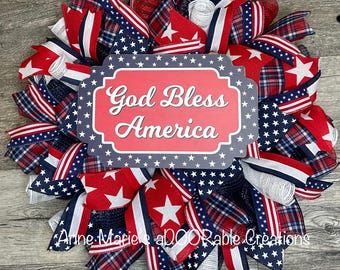 God Bless America Red White Blue Wreath,4th of July Wreath, Independence Day, Memorial Day, Patriotic Flag Wreath, Summer Front Door Wreath