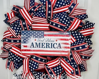 God Bless America Red White Blue Wreath,4th of July Wreath, Independence Day, Memorial Day, Patriotic Flag Wreath, Summer Front Door Wreath