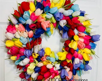 Spring tulip wreath, Easter tulip wreath, Tulip wreath, multi colored tulips wreath, floral front door wreath, spring floral wreath