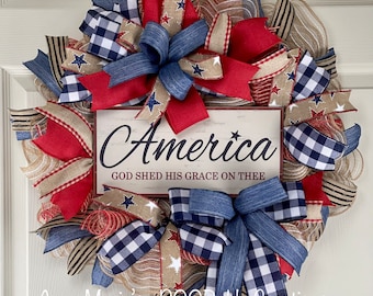 Patriotic wreath, America God Shed His Grace on Thee wreath, Americana deco mesh wreath, 4th of July, Fourth of July wreath, pancake wreath