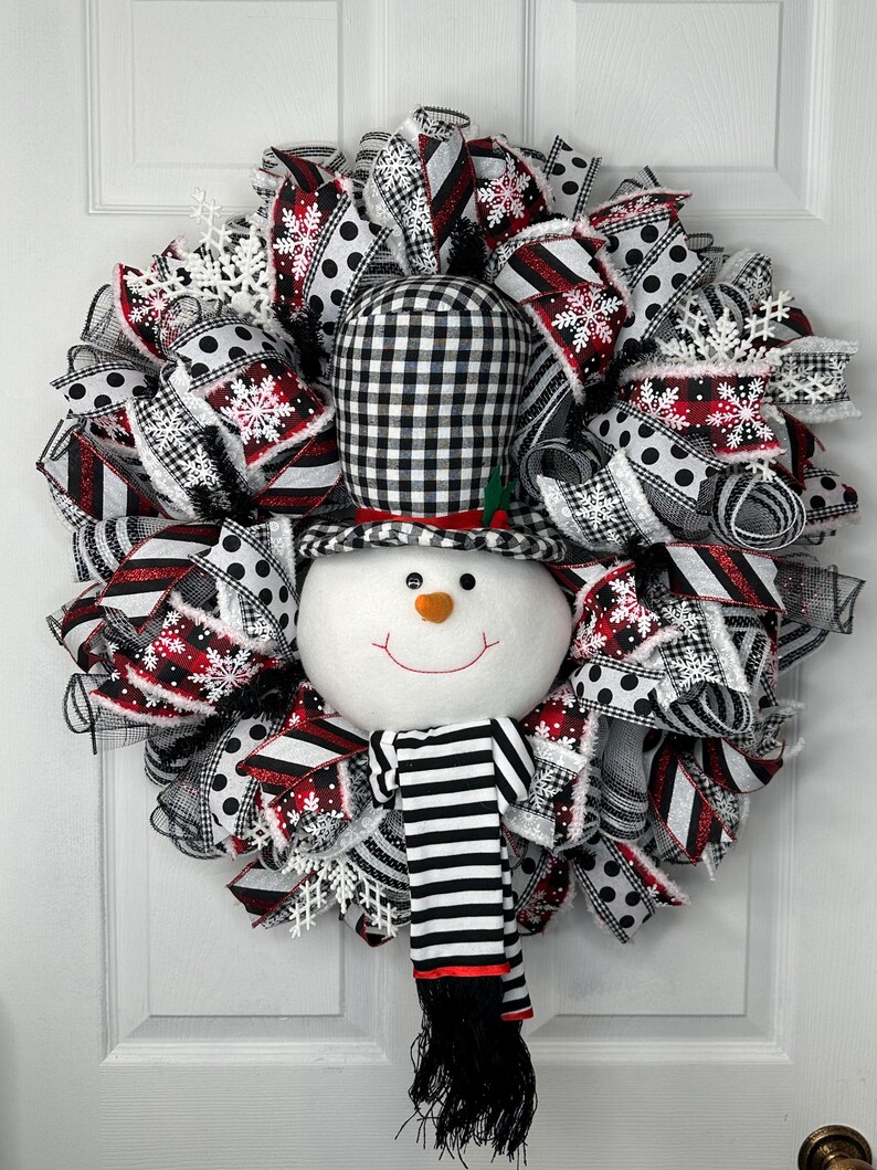 Buffalo Plaid Winter Black White Christmas Snowman Wreath for Front ...