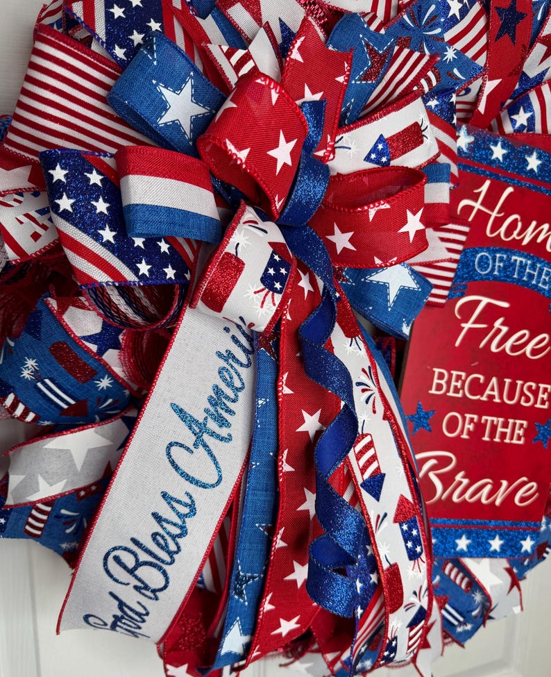 Patriotic wreath for front door, Military wreath, Fourth of July wreath, American flag wreath, Home of the free brave Veterans Day wreath image 3