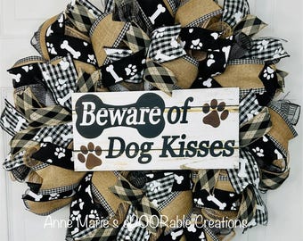 Beware of Dog kisses wreath, Dog wreath, dog wreath for front door, Dog paw wreath, dog decor, paw print wreath