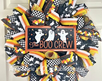 The Boo Crew Halloween ghost wreath for front door, Halloween wreath, Halloween candy corn wreath, Halloween wreath