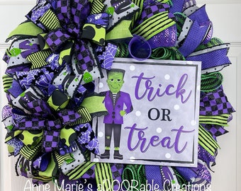 Trick or Treat Frankenstein Halloween wreath for front door, Halloween wreath, trick or Treat wreath, Frankenstein wreath, Halloween decor