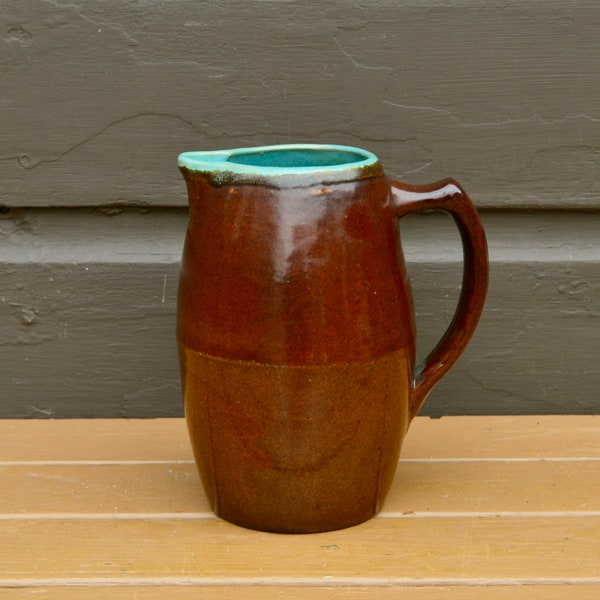 Country Fare Pottery Pitcher, Vintage Stoneware Pitcher,  Zanesville Turquoise and Brown Pottery Jug