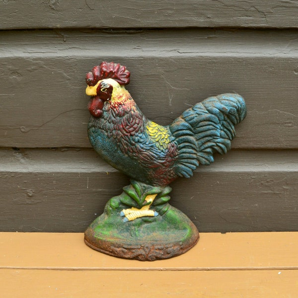 Painted Rooster Doorstop, Cast Iron Rooster Door Stop, Iron Chicken Doorstop