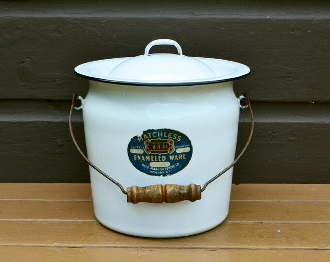 White Enamelware Pail With Lid, Vintage Matchless Reed White Enamel Bucket, Compost Bucket Etsy