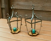 Rustic Iron Candle Sconces, Pair Vintage Lanterns, Salvage Sconces