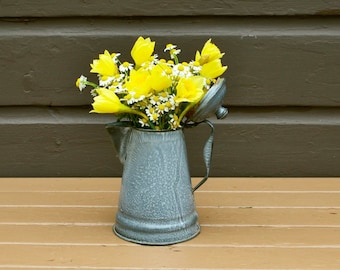 Rustic Gray Enamel Kettle, Vintage Enamelware Coffee Pot,