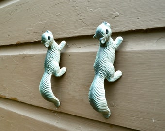 Pair Small Wall Climbing Squirrels, Vintage Ceramic Garden Squirrels