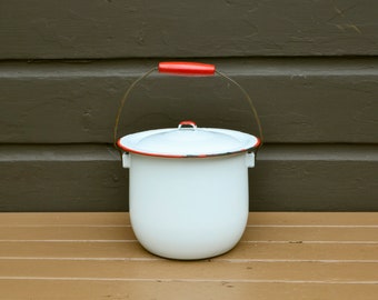 White Enamelware Pail with Lid, Vintage White Enamel Bucket, Compost Bucket