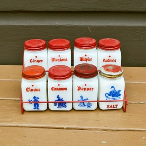 Set of 8 Spice Jars, USA Milk Glass Spice Jars, Shaker Spice Set