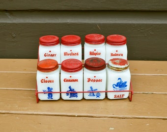 Set of 8 Spice Jars, USA Milk Glass Spice Jars, Shaker Spice Set