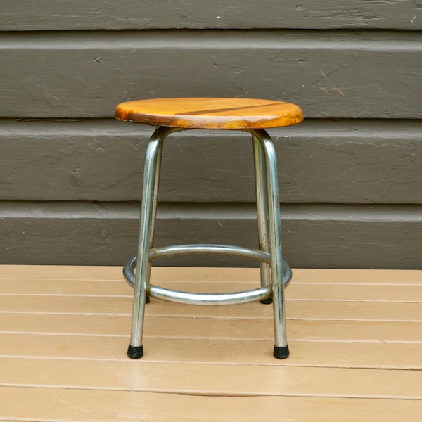 Wooden and Metal Stool, Vintage Wood Top Stool, Kitchen Stool, Parlor Stool