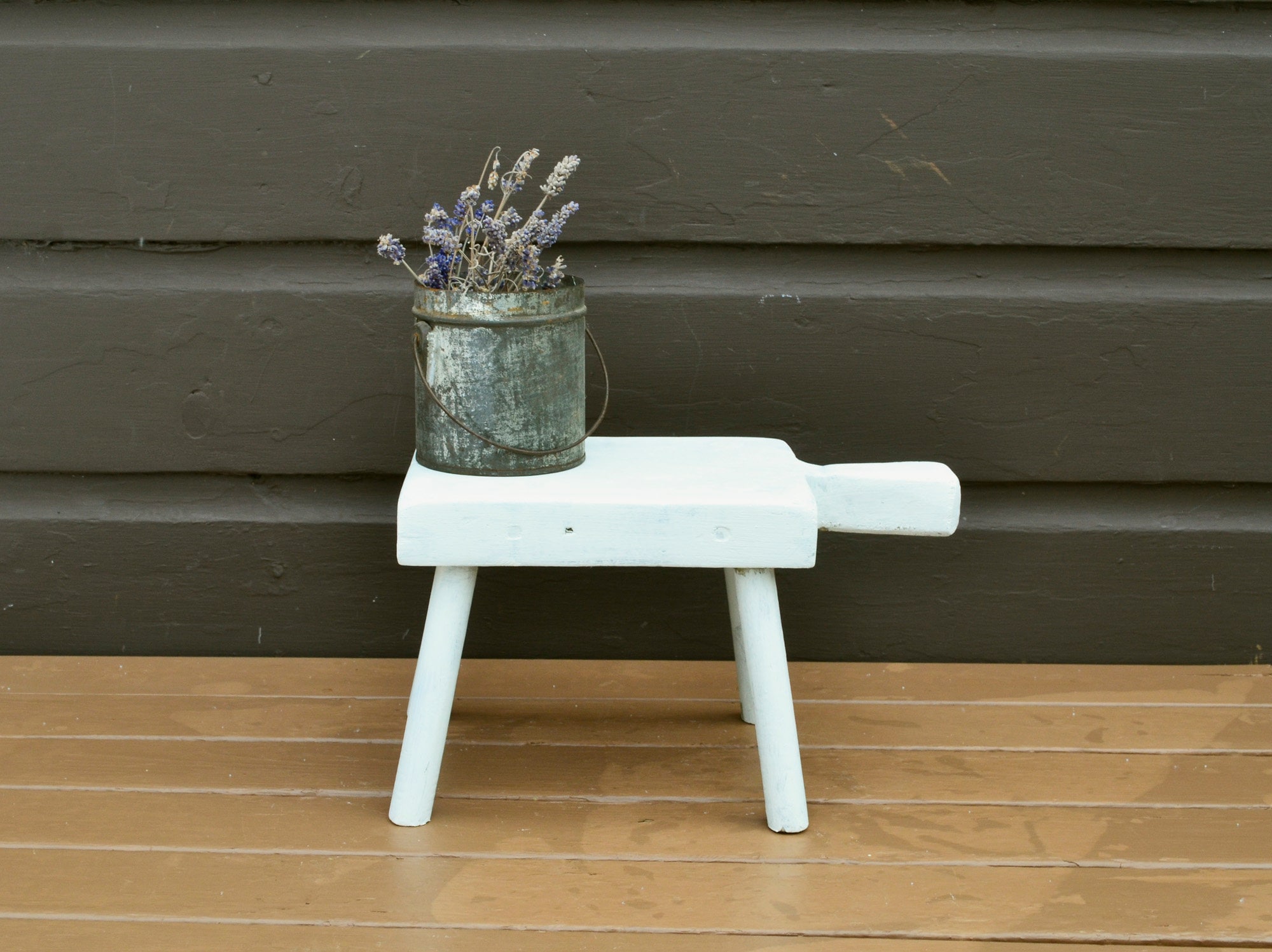 Milking Stool, Primitive Wooden Stool, Vintage White Painted
