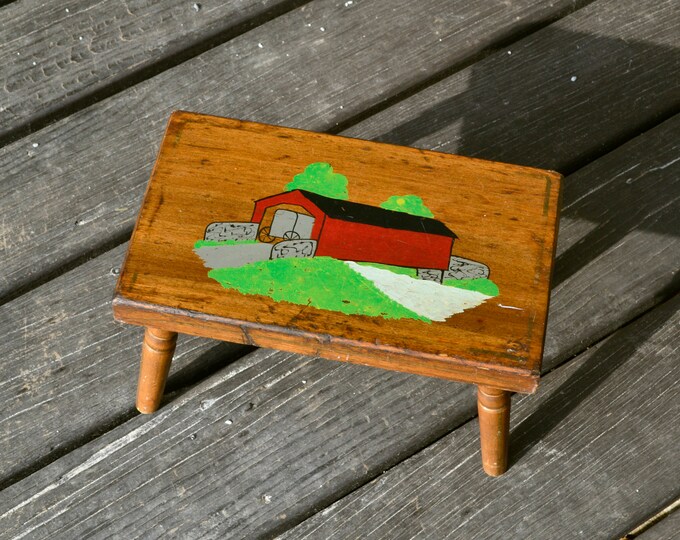 Small Wooden Folk Art Stool Handmade Decoupage Wooden Stool Etsy