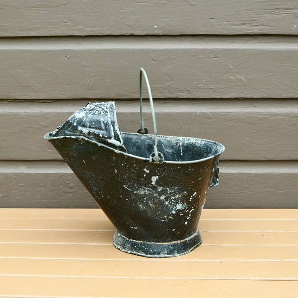 Galvanized Coal Bucket, Vintage Steel Ash Bucket, Black Rustic Coal Scuttle, Rustic Planter