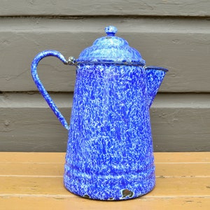 Blue Enamel Kettle, Vintage Mottled Blue and White Enamelware Coffee Pot