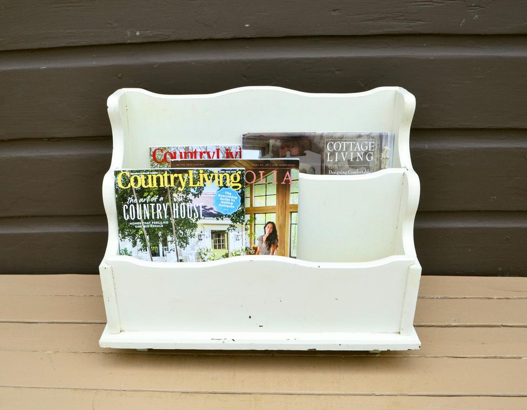 Magazine Box Rack Large Wood Magazine Box, Vintage White Wood Magazine Rack, Library Book ...