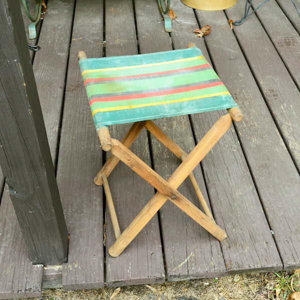 Camp Stool, Vintage Green Striped Canvas Folding Stool, Rustic Cabin Decor