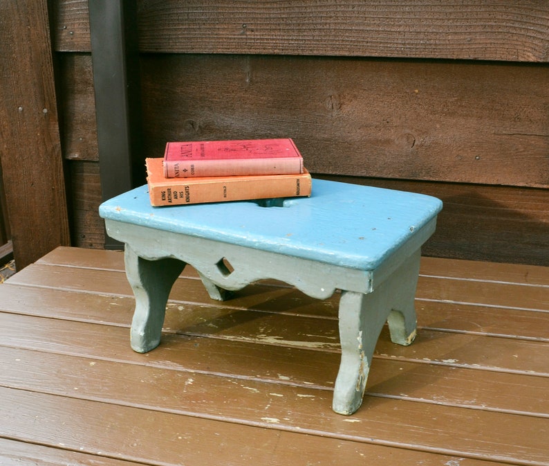 Antique Blue Wooden Stool Old Rustic Step Painted Cricket