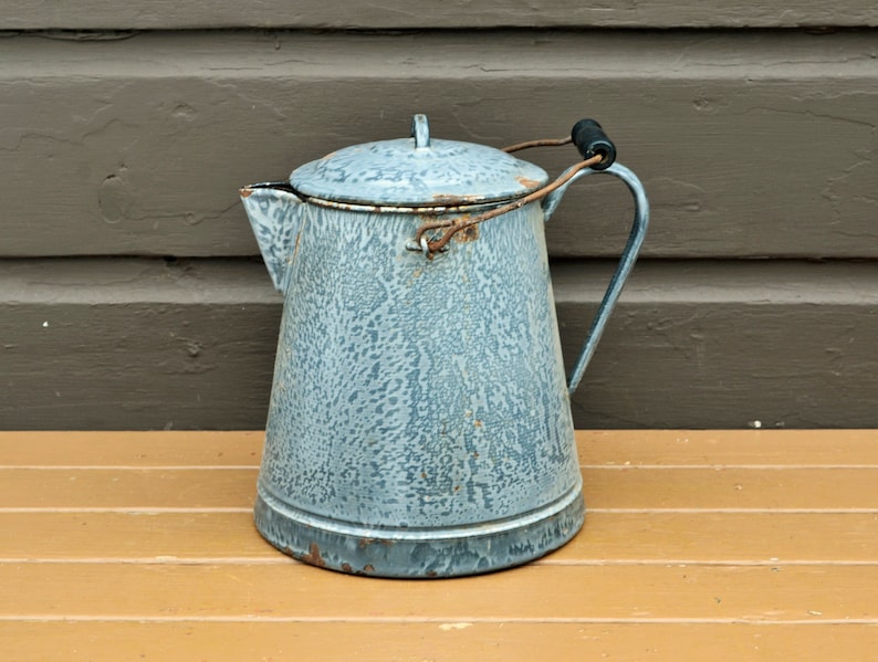 Large Graniteware Coffee Pot Vintage Gray Enamel Coffee Etsy