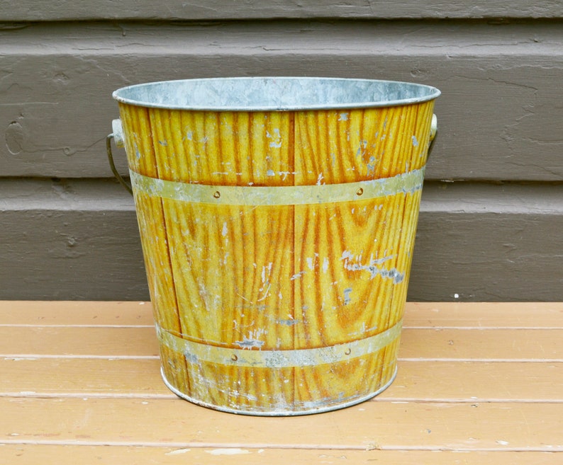 Wood Grain Galvanized Bucket Vintage Printed Metal Pail Etsy