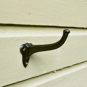 May include: A black metal hook mounted on a light green wall. The hook is curved and has a simple design.