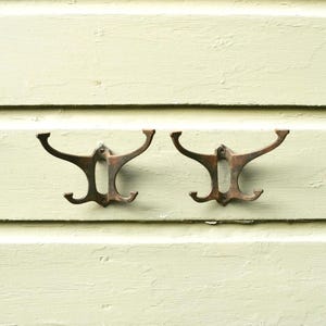 2 Large Cast Iron Wall Hooks, Art Deco Antique Cast Iron Wall Hooks, Pair 2 Prong Hooks