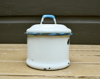 Small White Enamel Jar with Lid, Vintage Enamel Canister, Small Covered Enamel Tea Can