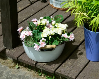 Large Enamelware Pot, Vintage White Enamel Pot, Graniteware Pot, Enamel Planter