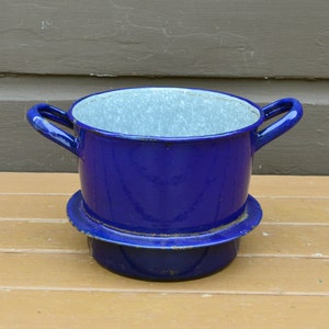 Royal Blue Enamel Pot with Rim, Vintage Blue Speckle Enamel Double Boiler Pot