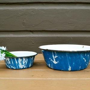 Set of 2 Enamel Bowls, Enamel Pans, Vintage Blue and White Enamelware