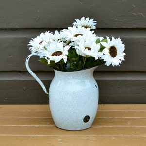 White Speckled Enamel Pitcher, Vintage Enamelware Jug, White with Black Speckles