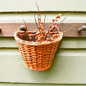 Orange Wicker Wall Basket, Vintage Plant Pocket, Hanging Wall Basket